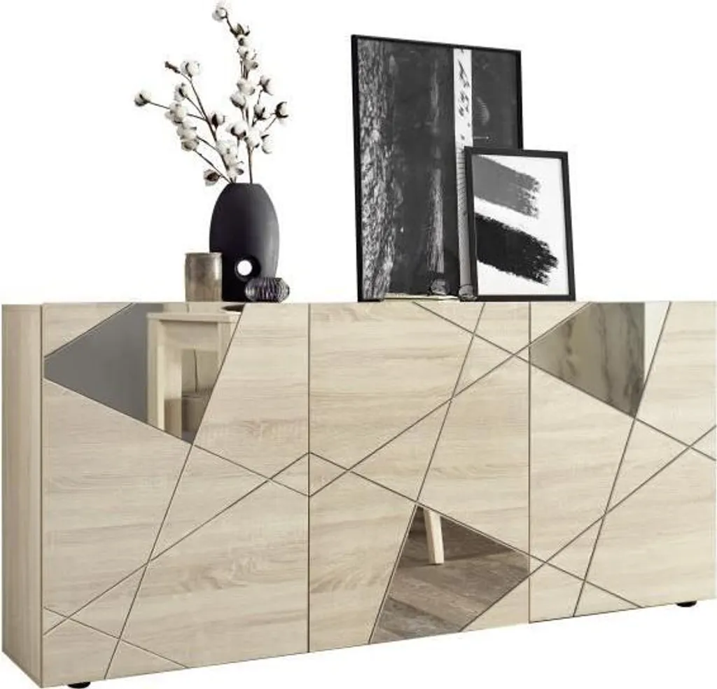 Buffet 3 Portes Victory Décor Chêne Sonoma avec Miroir Central de 181 cm