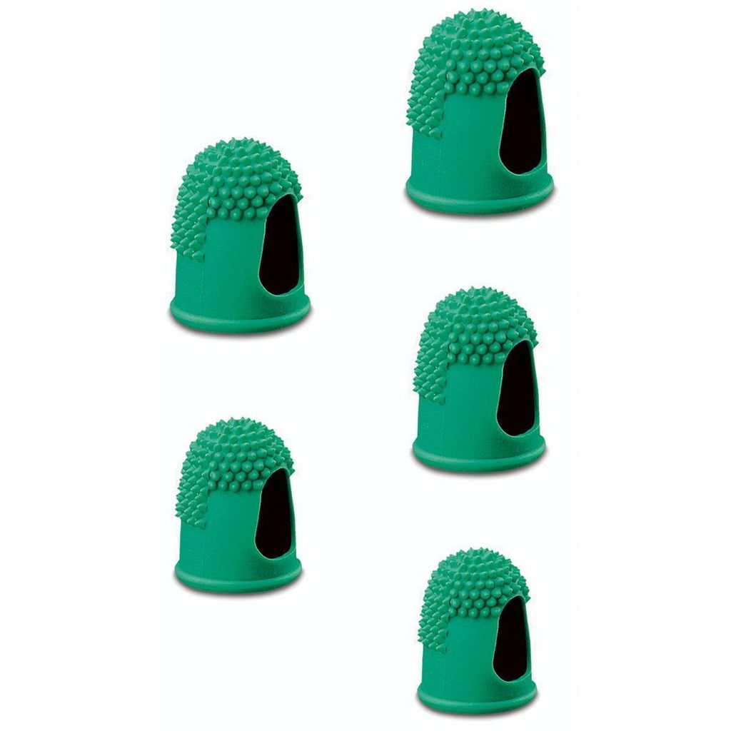 A group of five green finger cots with textured tops are arranged in a grid on a white background.