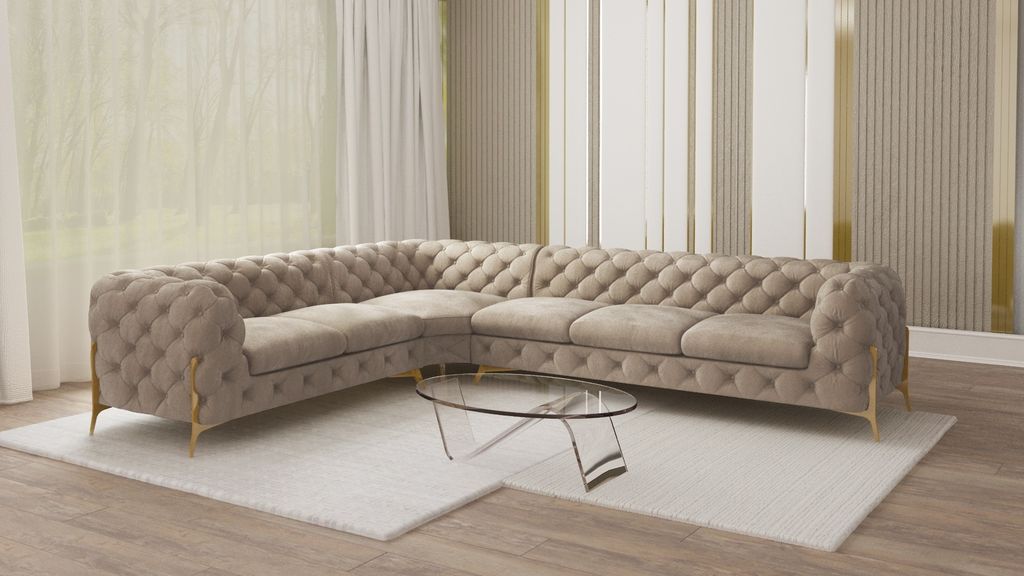 S-STYLE MÖBEL - Chesterfield Ecksofa Nova mit Goldene Metall Füßen aus Dunkle Creme Samtstoff - Ottomane links, B/T/H: 323 cm/ 264 cm/ 75 cm
