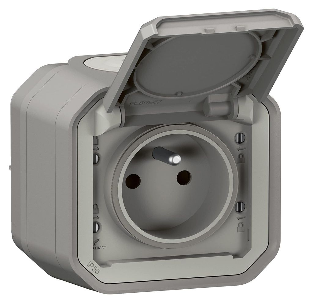 LEGRAND - Wasserdichte Steckdose IP55 mit Erde Plexo – Steckdose 2P + T 16 A komplett mit Klappe – für Aufputz – Grau