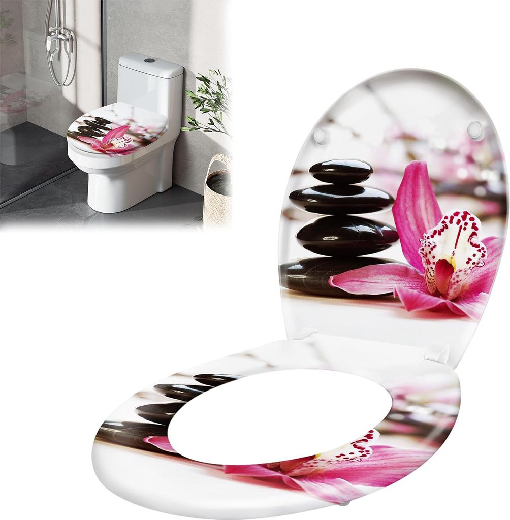 XINZI Toilettendeckel oval und Sitz mit Absenkautomatik, Antibakterielle Klobrille, WC-Sitz und Deckel aus Hartplastik (Rotes Blumen-Stein-Design)
