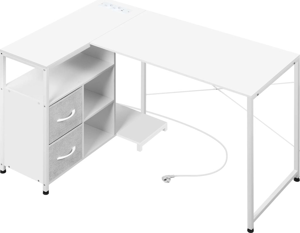 Eckschreibtisch - L-Form Computertisch - USB-Ports - Wendbares Design - Tastaturauszug - Schrank - Zwei Schubladen - PC-Tower-Fach - Weiß