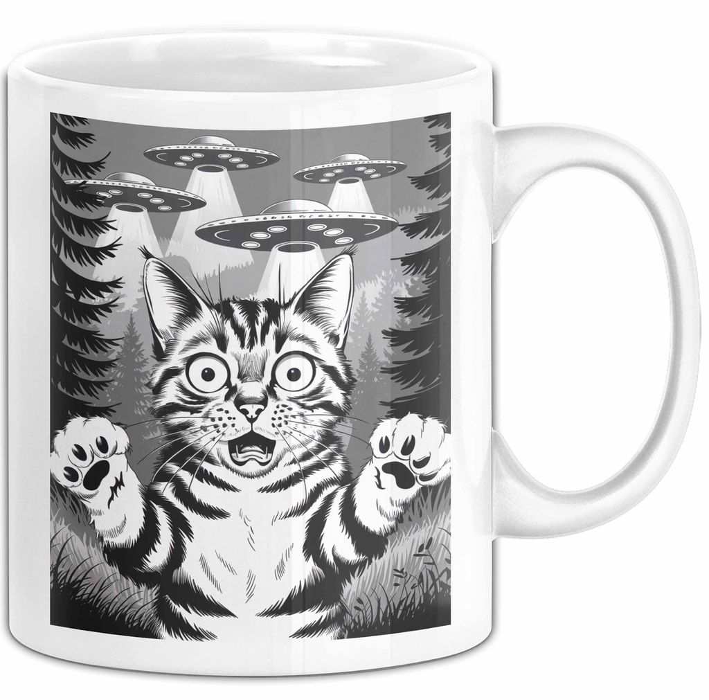 Katzen Tierliebhaber Tasse Geschenk Lustige Geschenkidee Spruch Alien UFO Katze (Weiß)