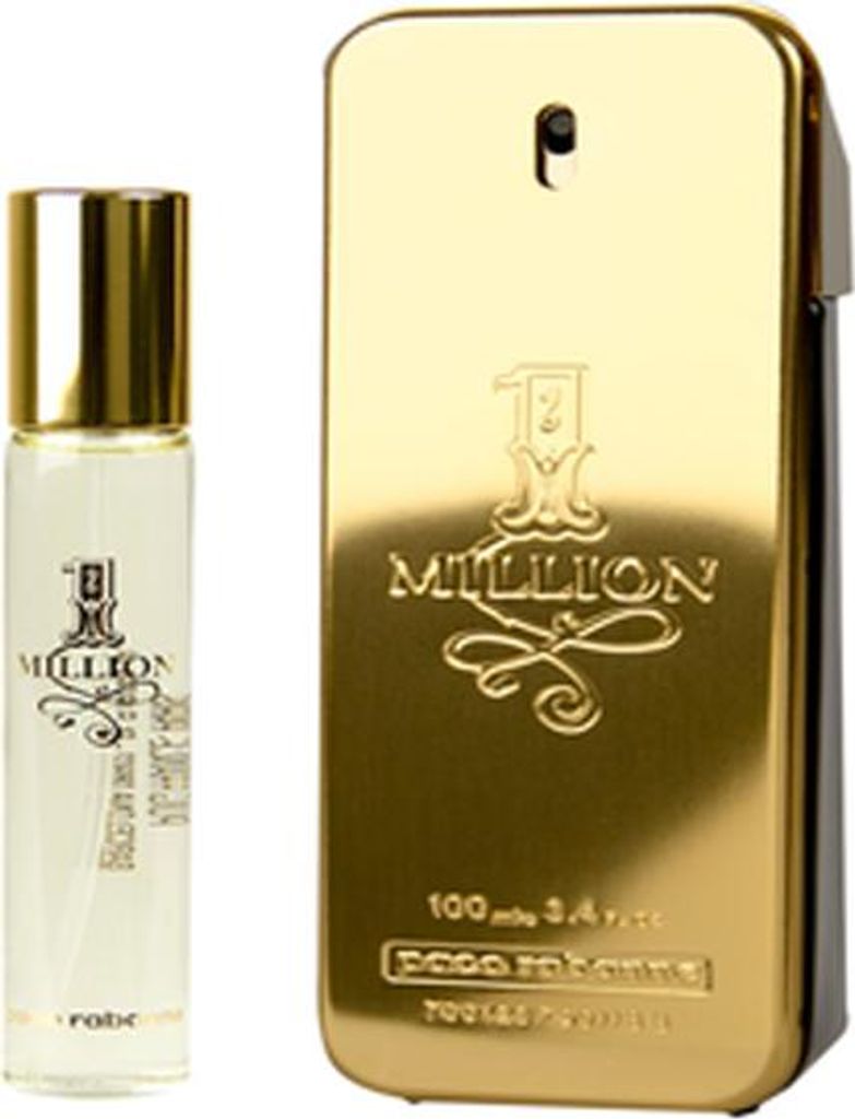 A gold colored perfume bottle and a smaller clear perfume bottle are displayed side-by-side on a white background.