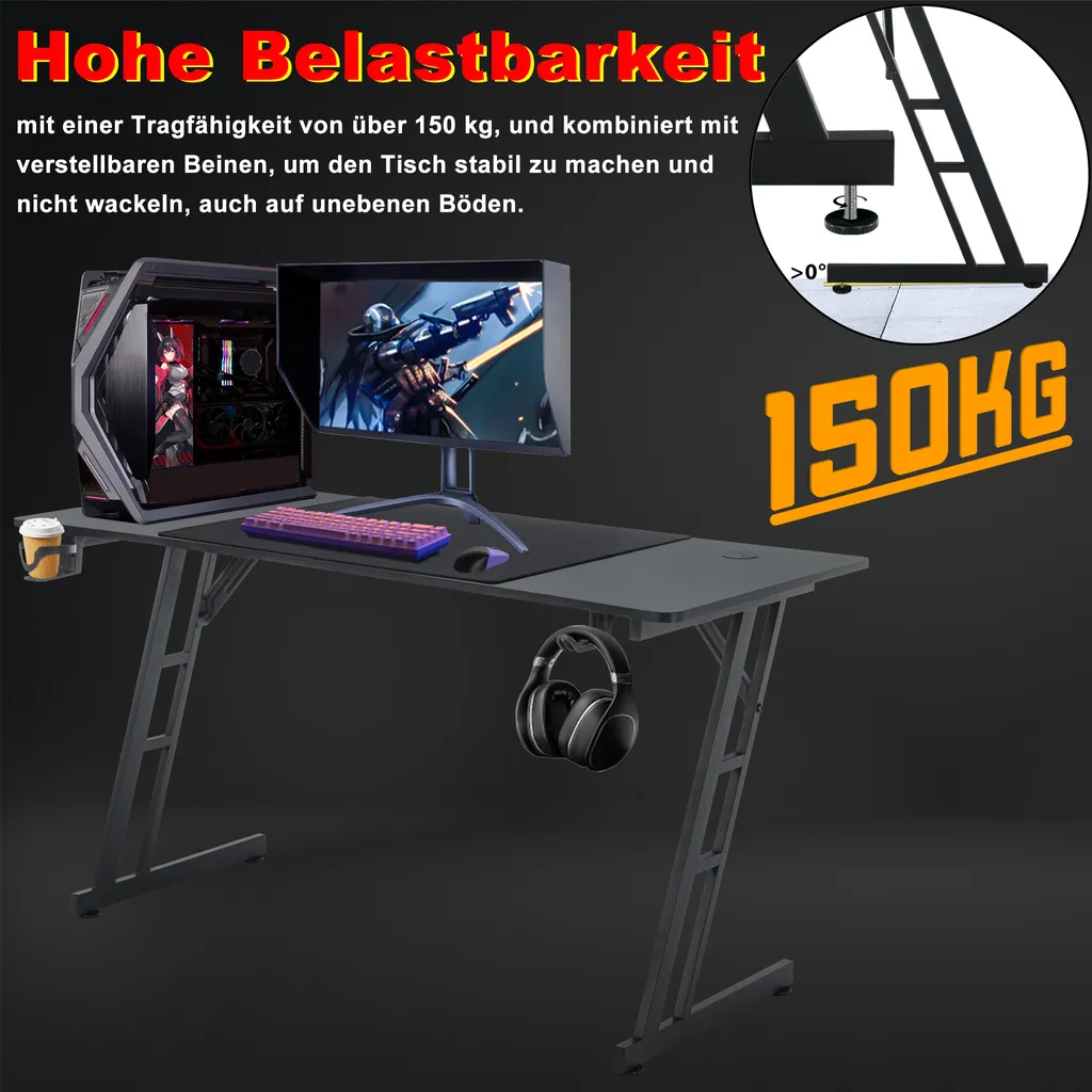 Bureau gaming ergonomique 140x60cm avec support casque et porte-boisson - 6