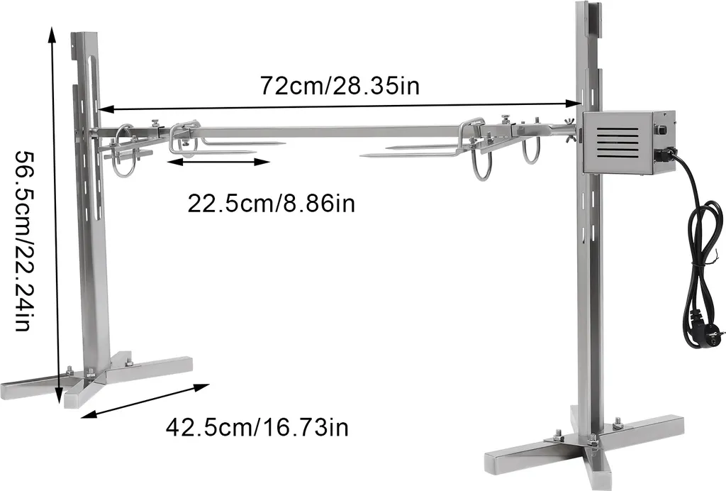Gril inox grande capacité avec broche rotative ajustable argentée