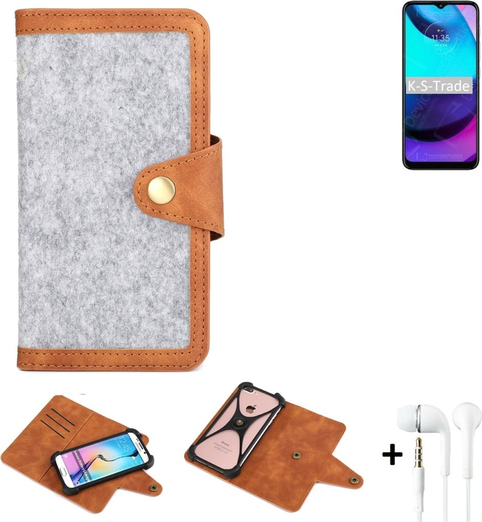 K-S-Trade Handyhülle + Kopfhörer kompatibel mit Motorola Moto E20 Schutzhülle Filz Hülle Kunstleder hellgrau braun (1x)