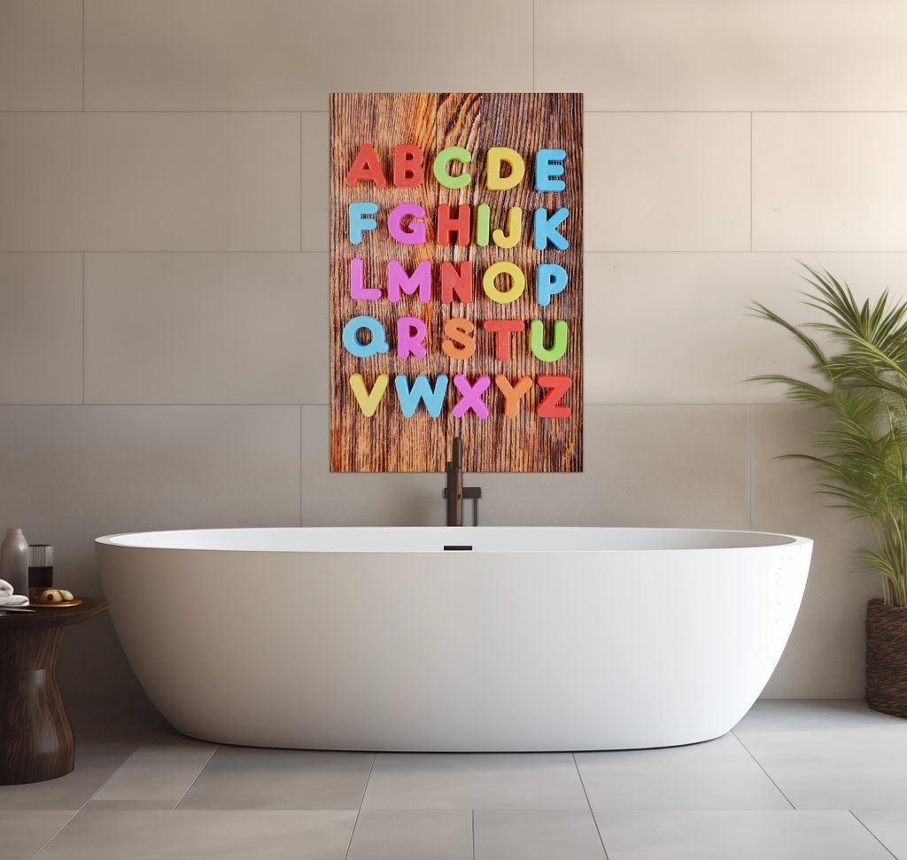 Wallario wasserfestes Poster selbstklebend 91,50 x 61 cm, Bunte Buchstaben - Alphabet auf Holz, Badezimmerposter Spritzschutz mit Hochglanzoberflä...