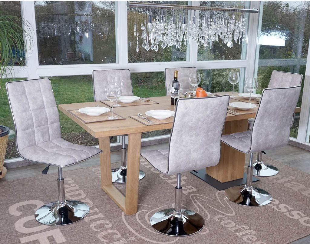 6er-Set Esszimmerstuhl HWC-C41, Stuhl Küchenstuhl, höhenverstellbar drehbar, Stoff/Textil MVG vintage kieselgrau