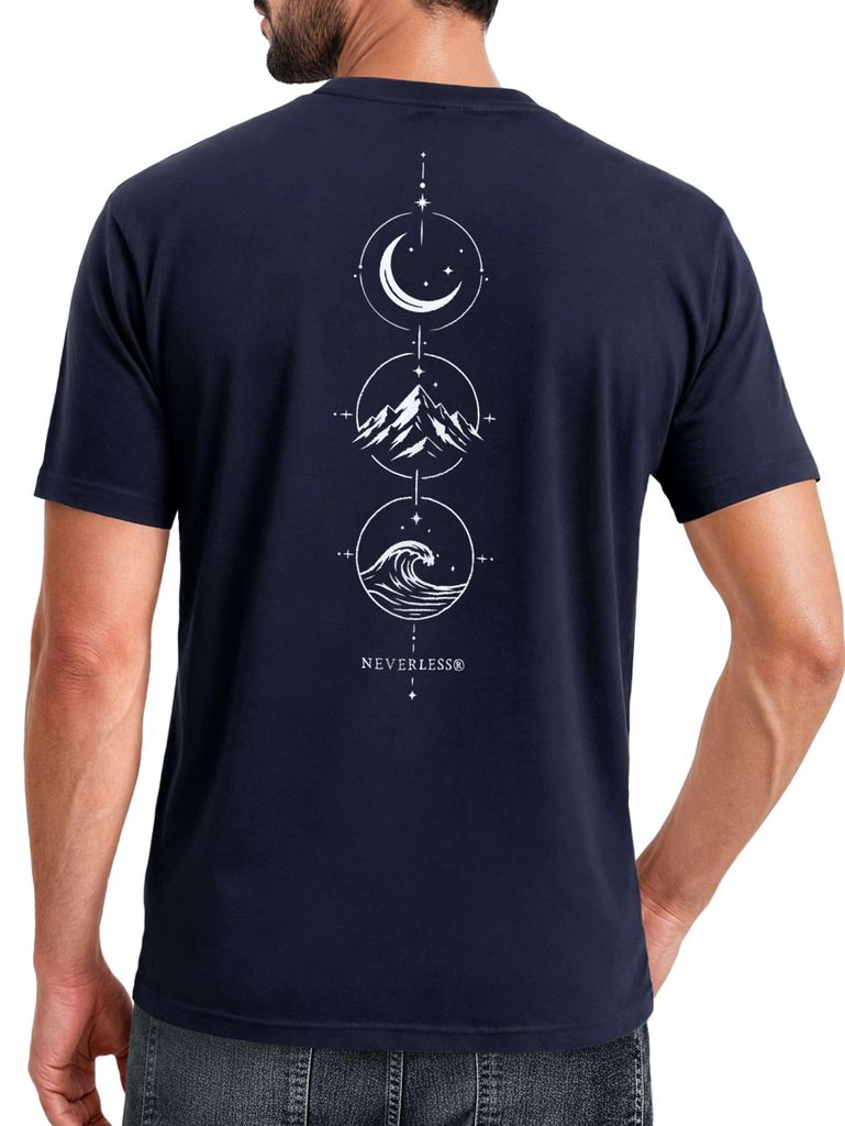 Herren T-Shirt Backprint - Berg Mond Welle - Baumwollshirt Männer Fashion Streetstyle Slim Fit Neverless
