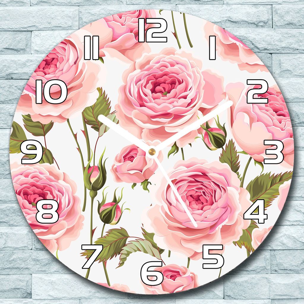 Wanduhr aus Glas Rund fi 30 Englische Rosa Rosen Quarz Deko Schlafzimmer Büro