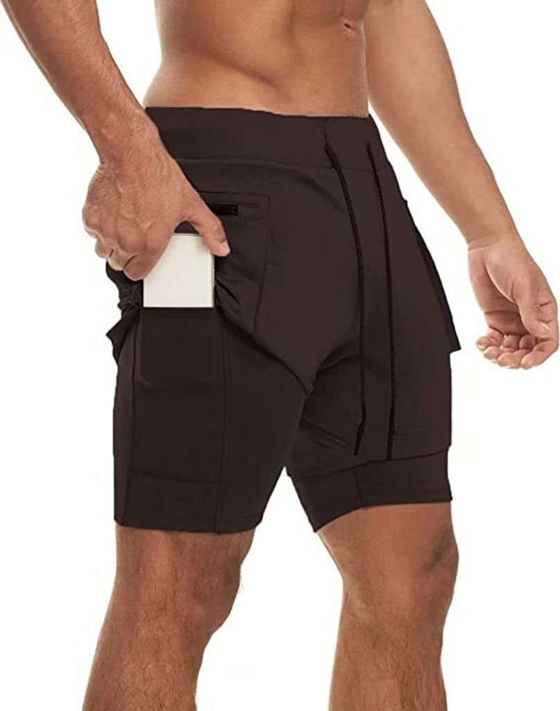 ASKSA Herren 2 in 1 Shorts Laufshorts Fitness Laufhose Gym Fitness Kurze Sporthose mit Taschen, Kaffee, XXL