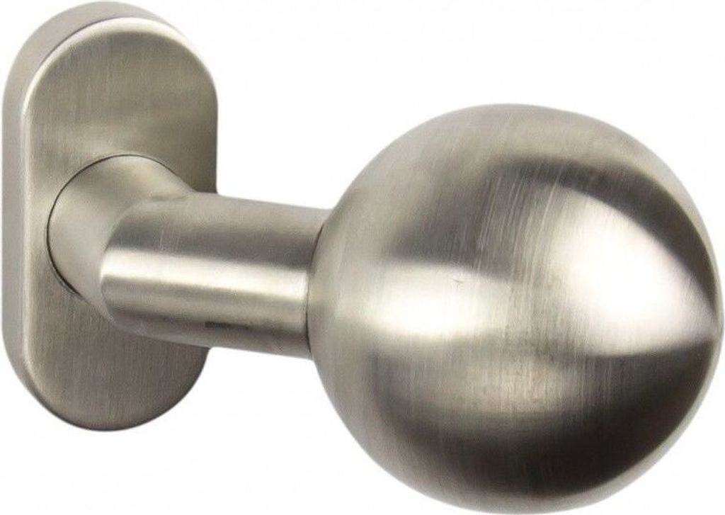 A close-up studio shot of a silver, spherical doorknob attached to a mounting plate.