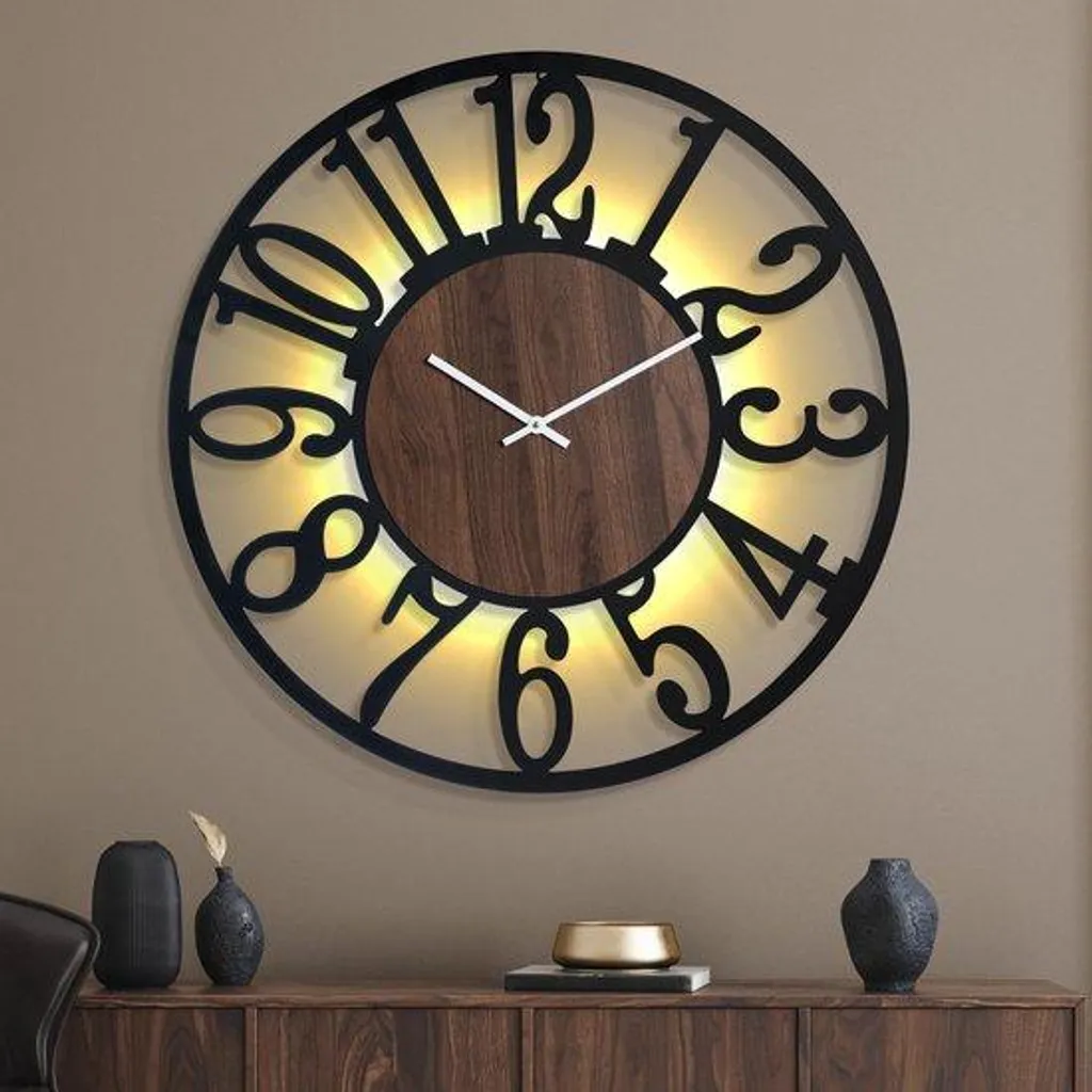 Horloge murale 80 cm avec lampe de chevet LED et design industriel loft