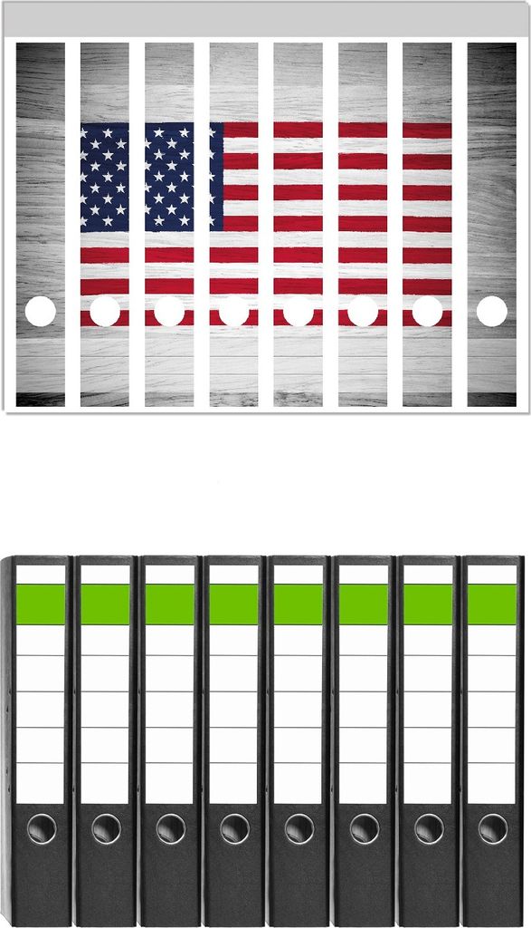 Wallario 8 Stück schmale Ordner inkl. Klebeetiketten mit Motive USA Flagge auf Holz - Set mit Rückenschildern / Ordnerrücken Stickern