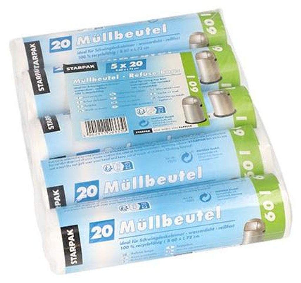 Müllbeutel HDPE 60?l – 72?x?60?cm, weiß, 500 Stück (5×100) Produktbild 