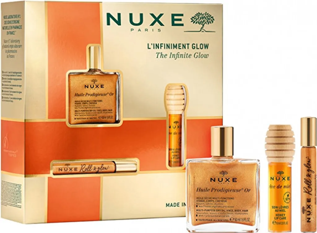 Nuxe Infinite Glow Set - Include un olio corpo multiuso da 50 ml, un olio corpo roll-on nutriente da 8 ml e un balsamo labbra al miele da 10 g - 1