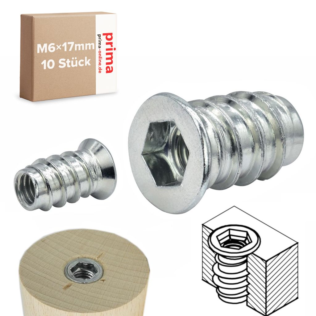 10x Einschraubmuffen M6 – Länge 17 mm – Einschraubmutter Eindrehmuffen Innensechskant M6x17 mm