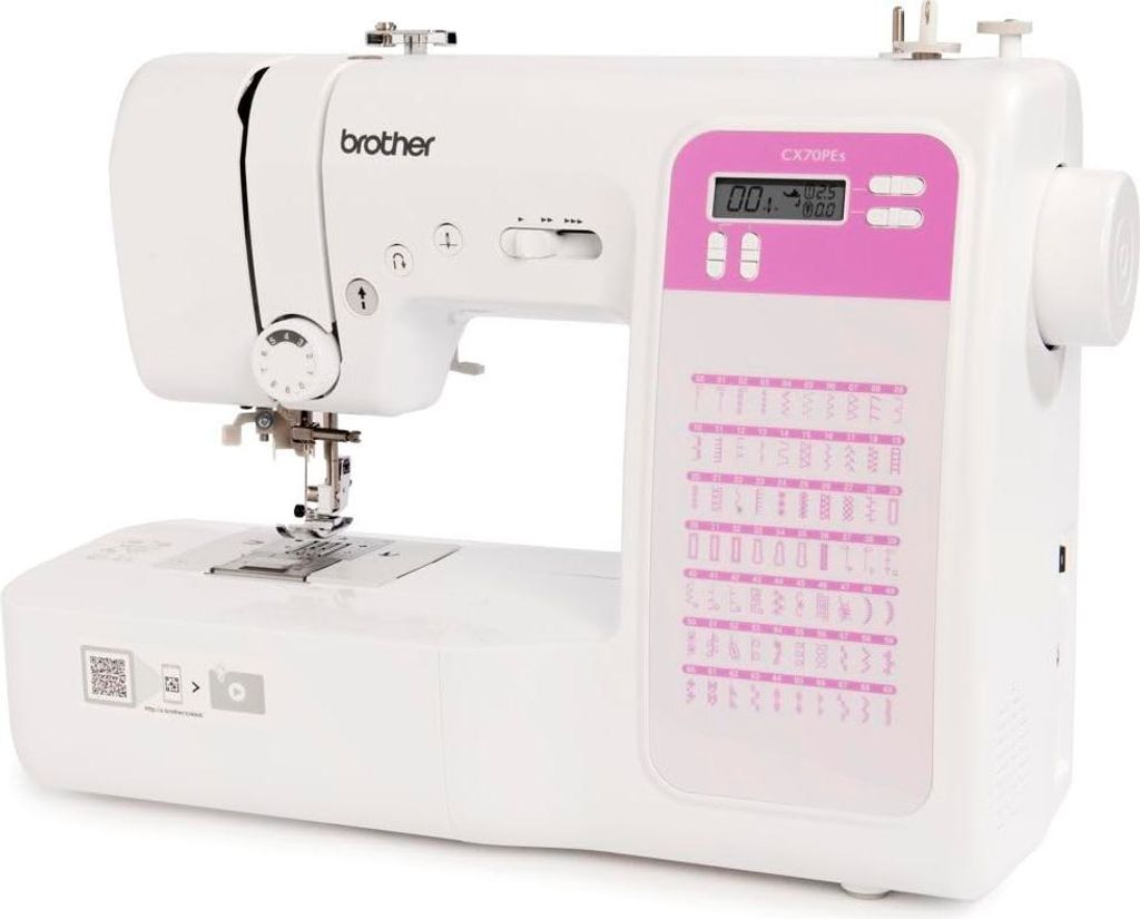 A white Brother sewing machine with pink accents is shown from a three-quarter front view against a white background.