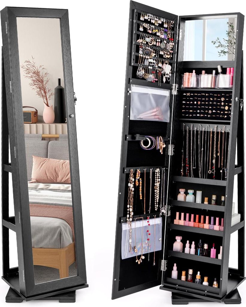 GOPLUS 3 in 1 Schmuckschrank, Spiegelschrank stehend, 360°drehbar, abschließbar, Standspiegel Schmuck Organizer mit großem Stauraum & Ablagefäc...