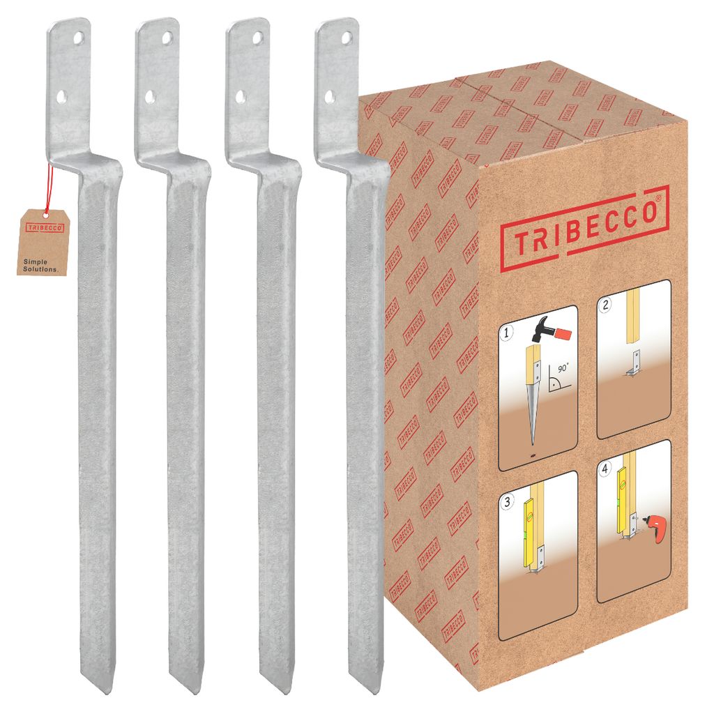 Four galvanized steel L-shaped post anchors are displayed in front of a cardboard box with product instructions.