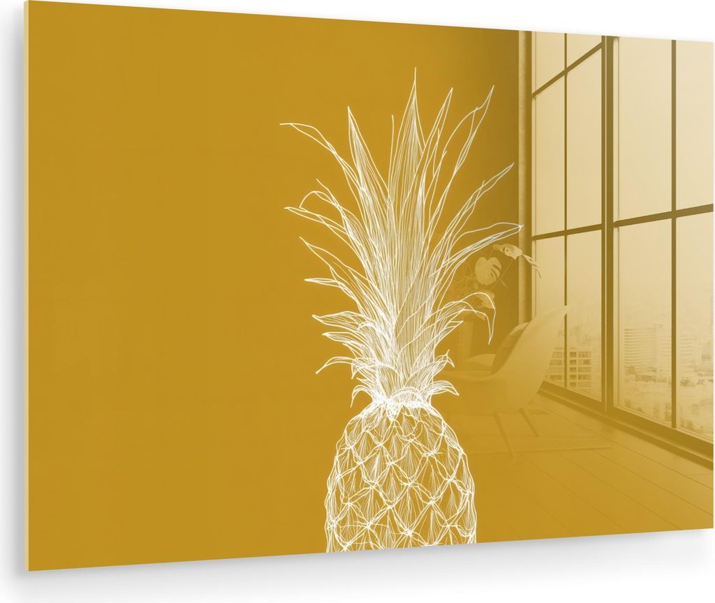 MuchoWow Glasbilder - Bilder auf Wandbild - Foto auf Glas Strich-Illustration - Ananas - Blattkrone - Ockergelb 120x80 cm Wanddekoration aus Glas -...