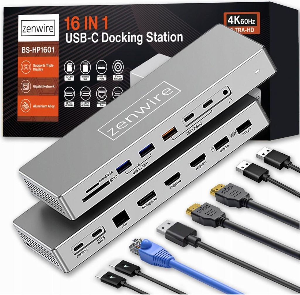 Dockingstation - USB-C-Hub - 16W1 - 2X HDMI 4k 60hz Display Port 1.4 USB SD-Buchse