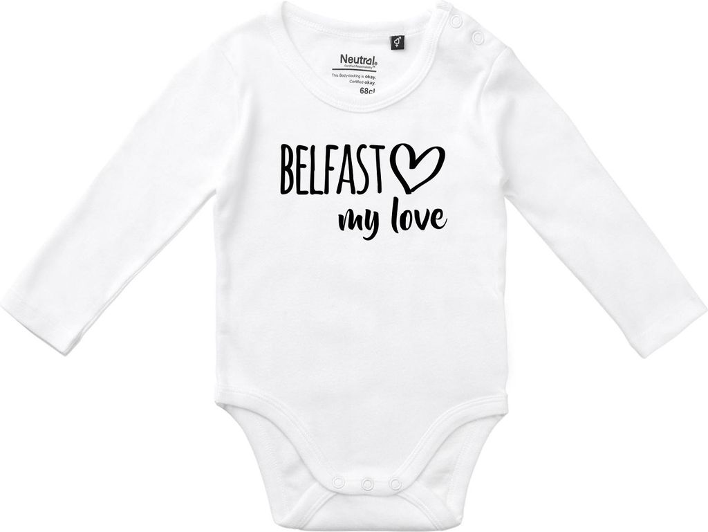 Huuraa Baby Body Belfast my love 68 White Baumwolle Fairtrade Langarmbody Geschenkidee