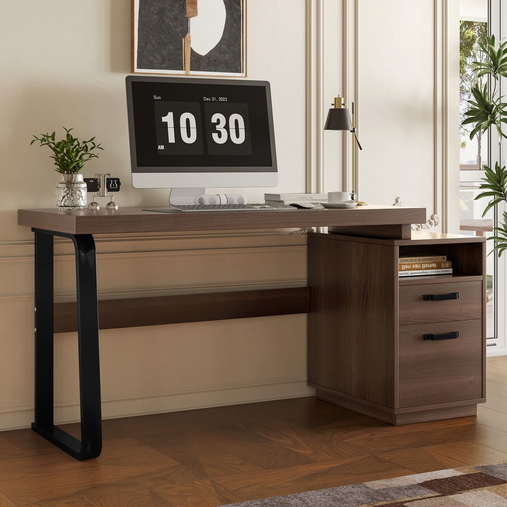 A modern home office setup with a desk, computer, and plants.