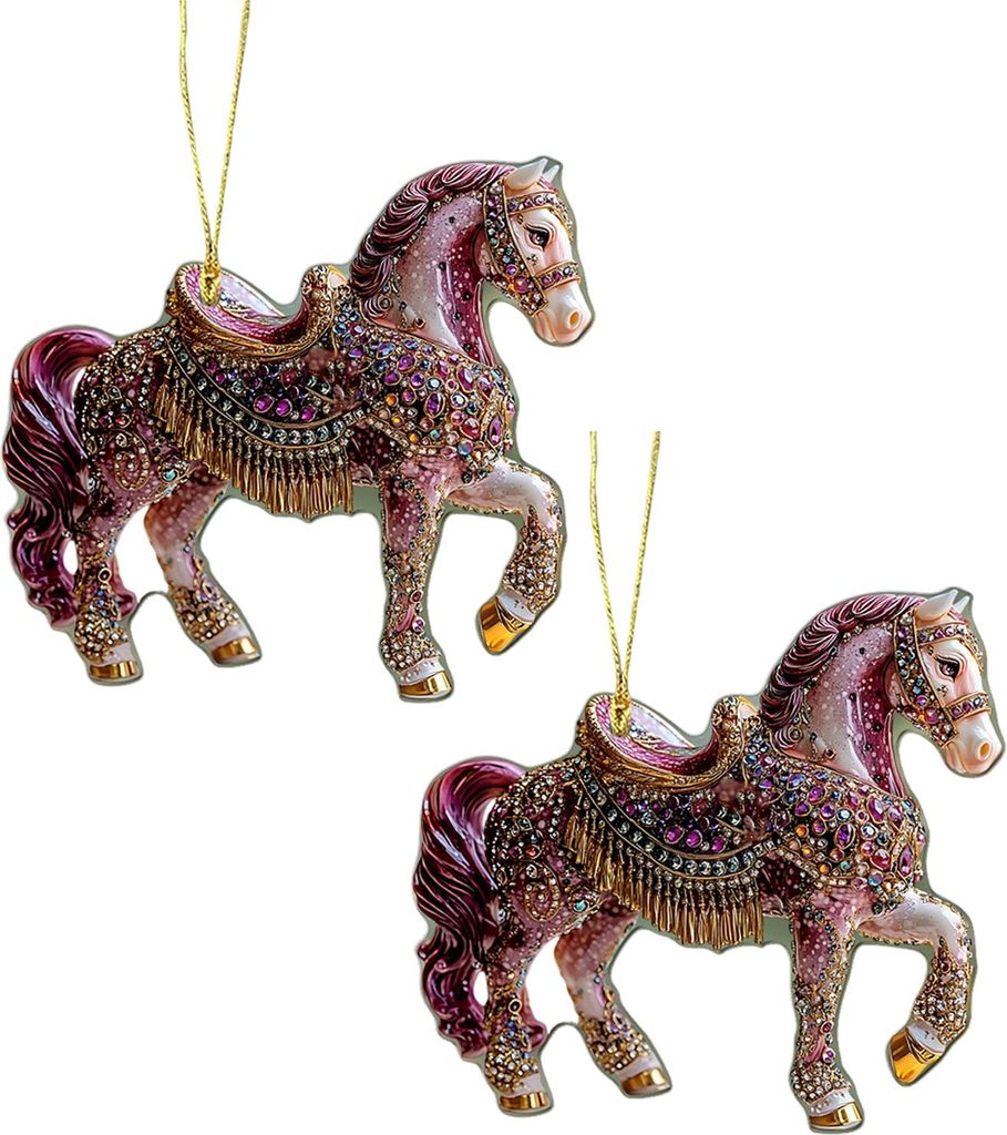2 Stück Pferde-Weihnachtsbaumschmuck aus Acryl mit glitzernden Strasssteinen, Pferde-Hängedekoration, 2D-flacher Weihnachtsbaumschmuck für Pferd...