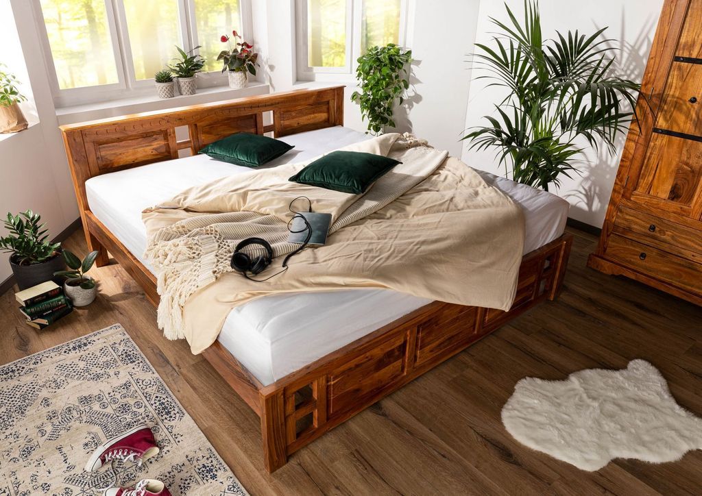 MASSIVMOEBEL24 Bett Akazie 200x200x90 honig lackiert OXFORD #0254