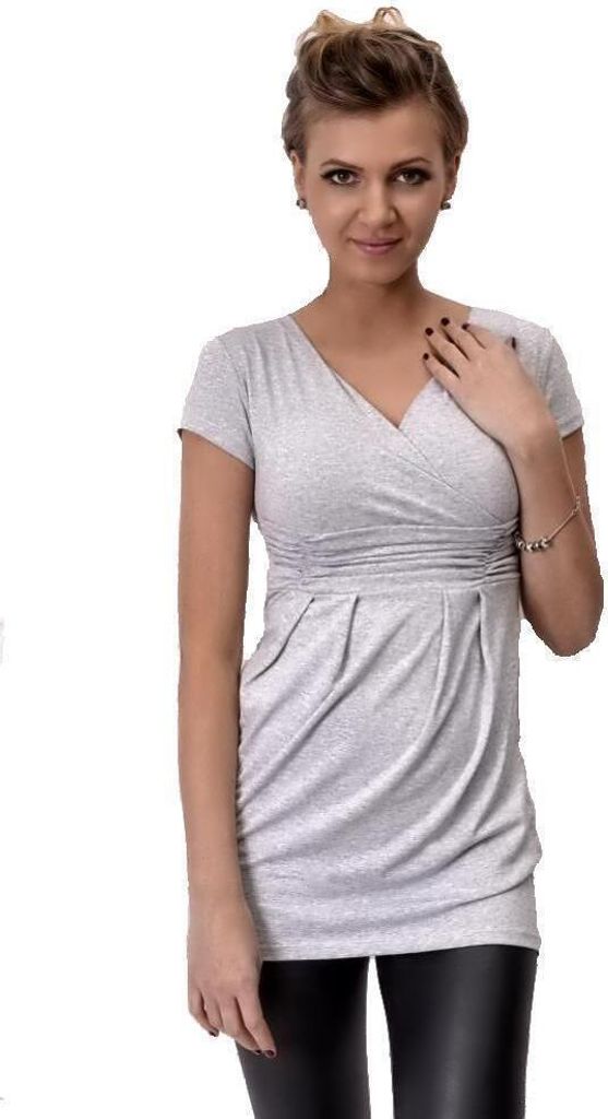 Longshirt Shirt Top Mini Kleid V-Ausschnitt; Grau Meliert S/M