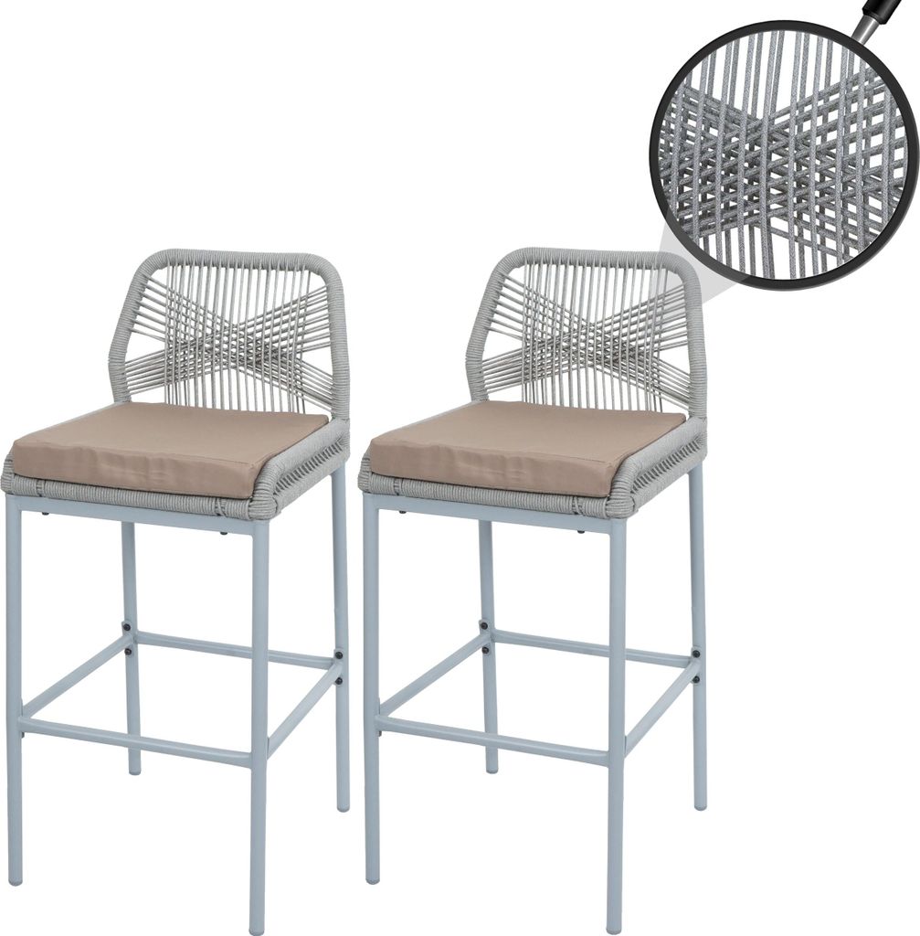 2er-Set Rope-Barhocker MCW-O21, Outdoor Sitzpolster Seilgeflecht Metall hellgrau, Kissen taupe