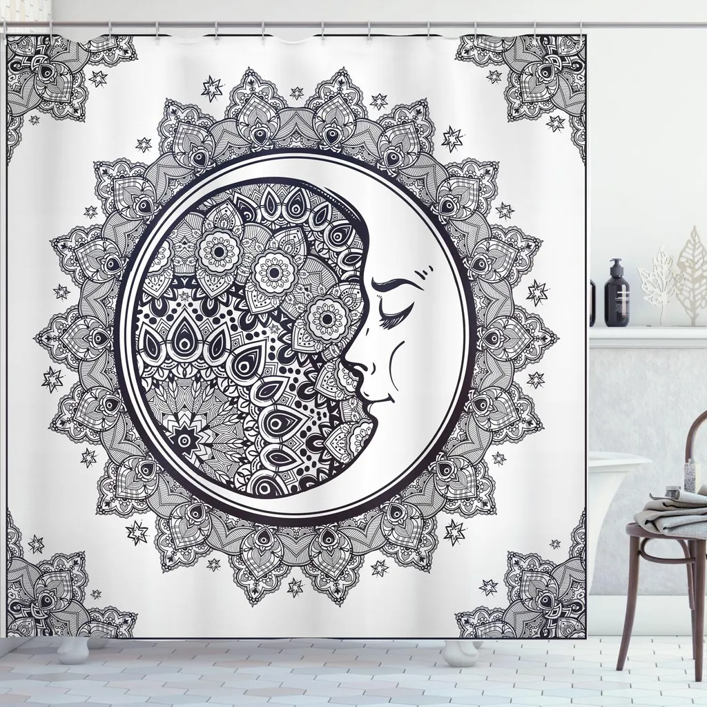 Tenda Doccia ABAKUHAUS Zodiaco Zentangle 175x220cm Blu Scuro Bianco