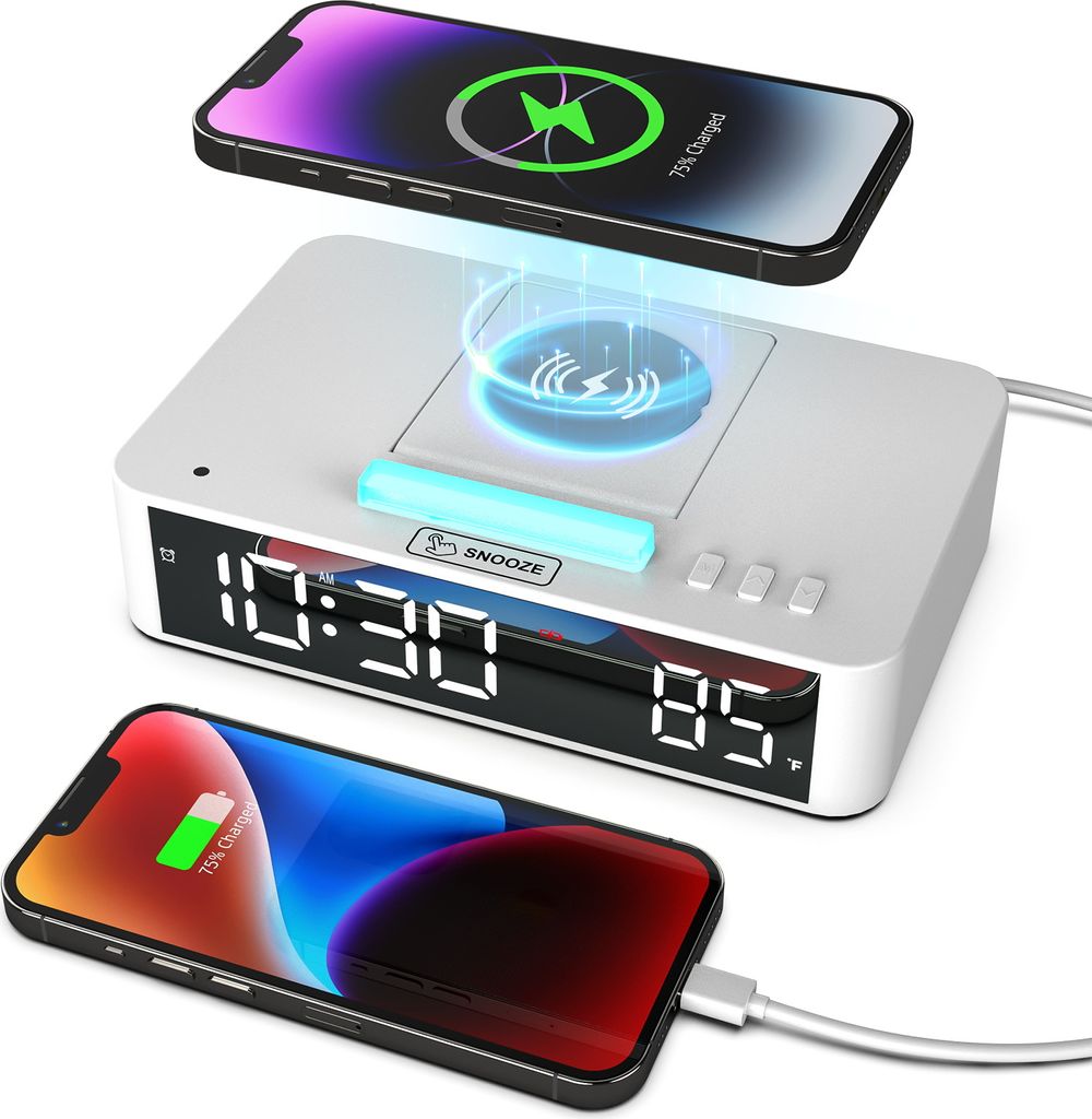 Multifunktionaler LED-Spiegel-Digitalwecker, elektronische Desktop-Uhr mit RGB-Umgebungslicht, Schlummermodus, Temperaturanzeige, 10 W kabellose La...