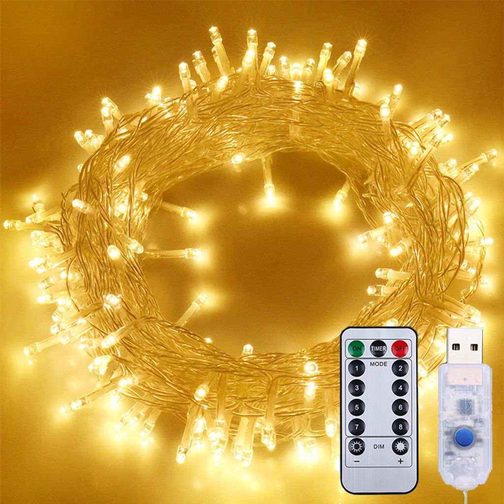 10m 100 LED Lichterkette Warmweiß USB 8 Lichtmodi Wasserdichte Garten Party Weihnachtsbeleuchtung mit Fernbedienung