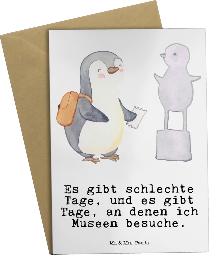 Mr. & Mrs. Panda Glückwunschkarte Pinguin Museum besuchen - Weiß - Geschenk, weihnachtskarten, Museen, dankeskarten, einladungskarten, hochzeitsk...