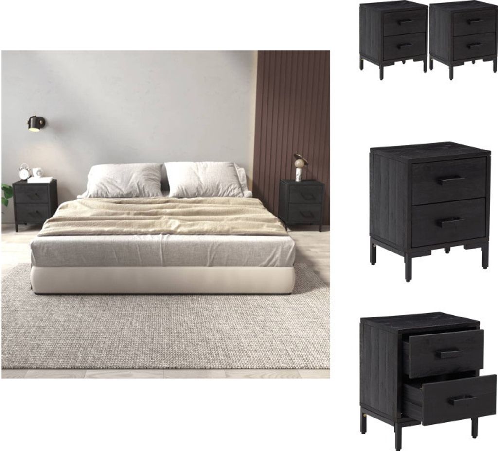 vidaXL Nachttische 2 Stk. Schwarz 36x30x45 cm Massivholz Kiefer - Nachttische