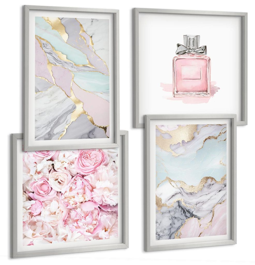 Bilder Set 4-teilig im silbergerahmten Rahmen – Wandbilder 4 Stück – gerahmte Poster für Wohnzimmer, Schlafzimmer und Flur – 50x50 cm - 40x...