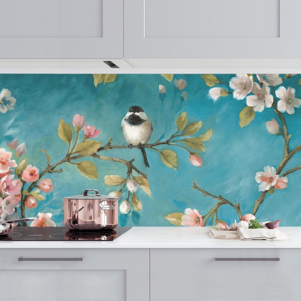 Küchenrückwand Blumen selbstklebend - 0.35 mm Wandpaneel wasserfest Kirschblüte petrol Spritzschutz fugenlos