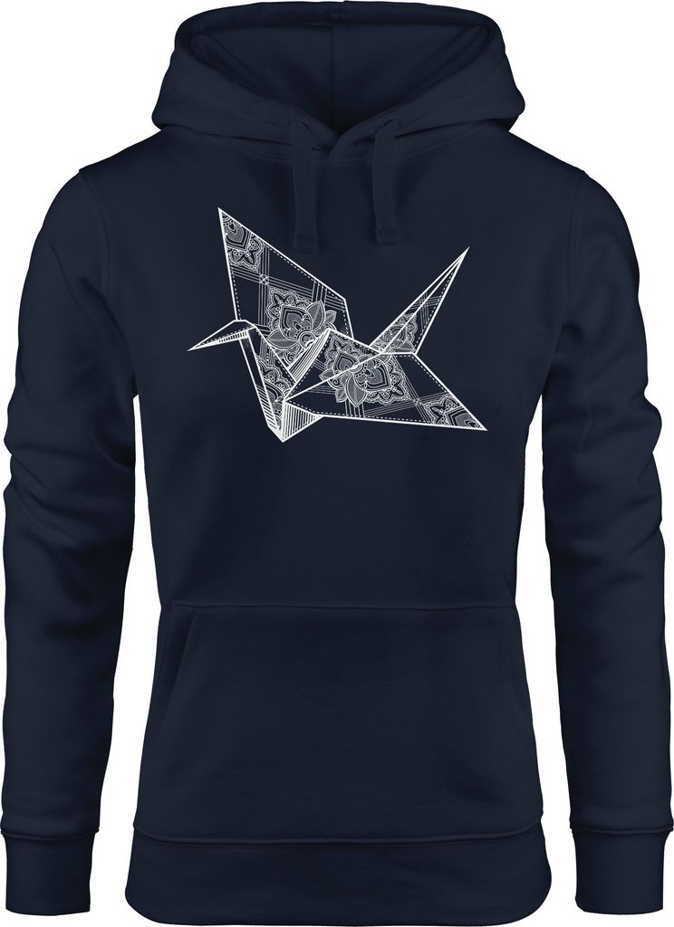 Kapuzen-Pullover Damen Origami Kranich Crane Vogel Bird Ornamente Boho Triangle Polygon Paisley Hoodie Moonworks navy M