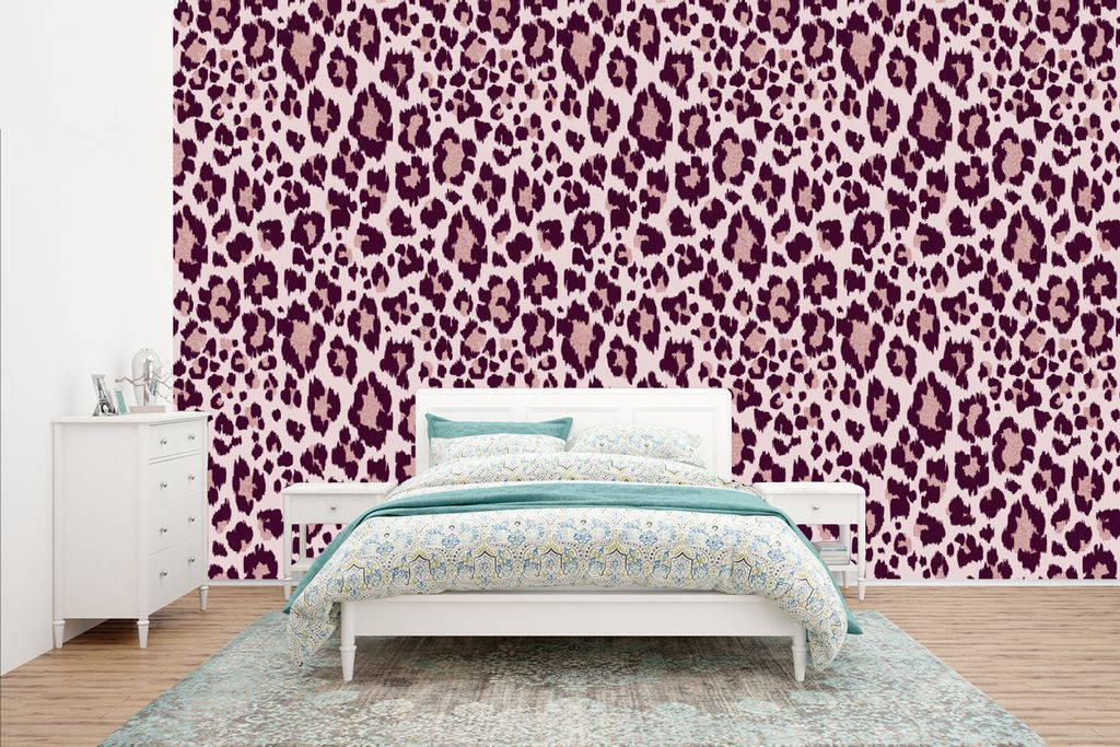 MuchoWow Fototapete für Wohnzimmer oder Schlafzimmer Wandtapete Vinyl Motivtapete Schnittmuster - Panther - Rosa - 400x240 cm - Gemustert