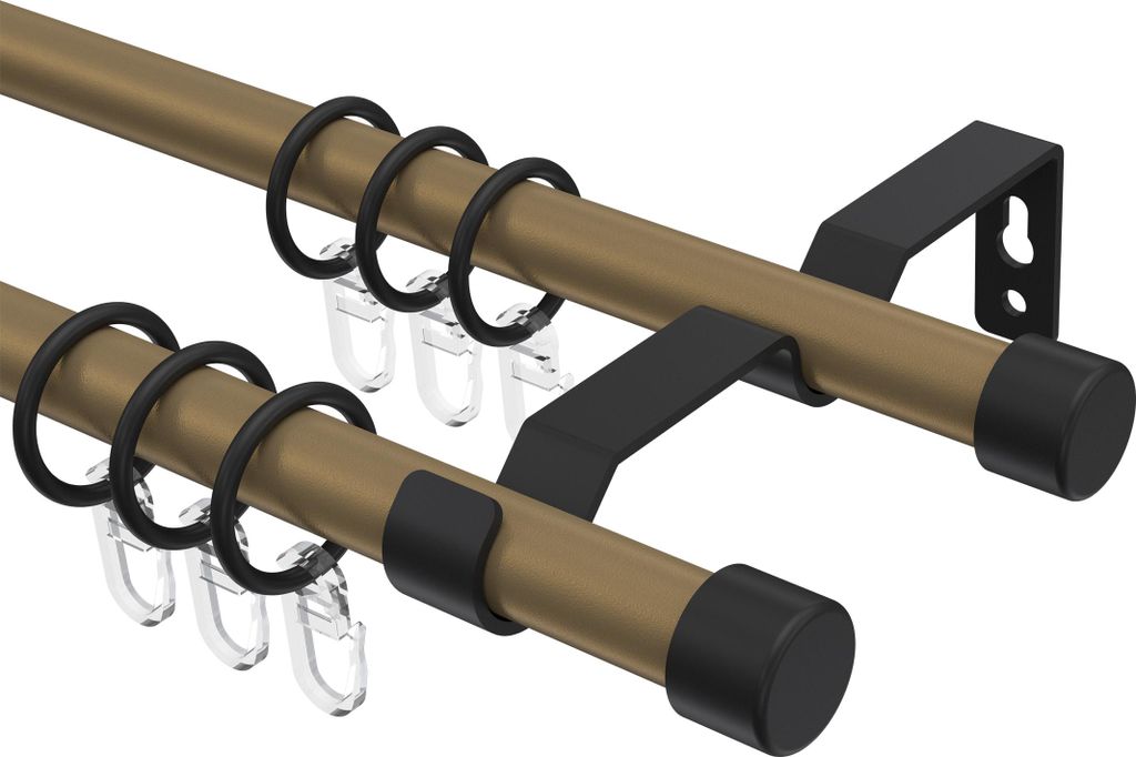 Interdeco Gardinenstange / Vorhangstange Gold matt / Schwarz, Typ Olymp Lucan (Kappe), 16 mm Ø 2-läufig, 100 cm