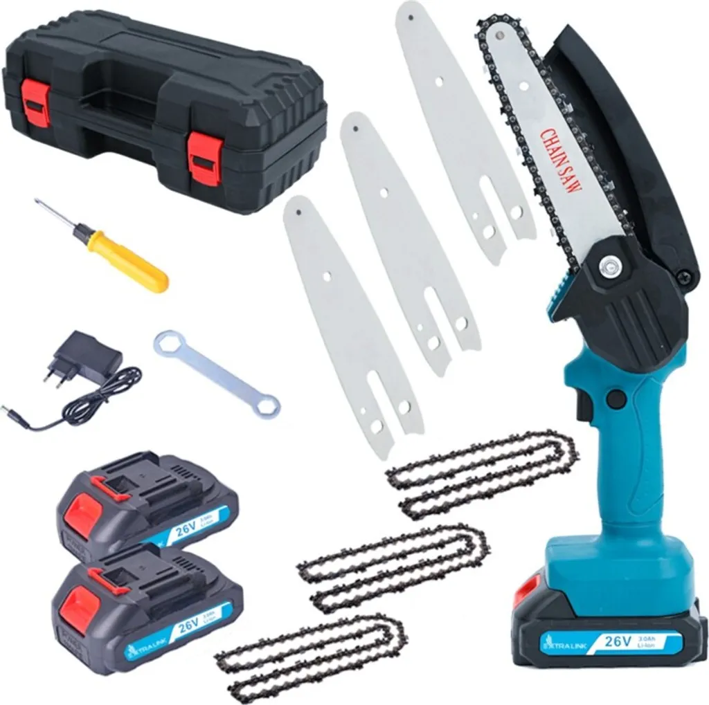 Mini motosega Extralink, 6 pollici 2x batteria da 3 Ah, dimensioni compatte, motore potente e catena 3x in resistente acciaio temprato per un taglio uniforme, impugnatura confortevole, motosega a guida manuale - 9