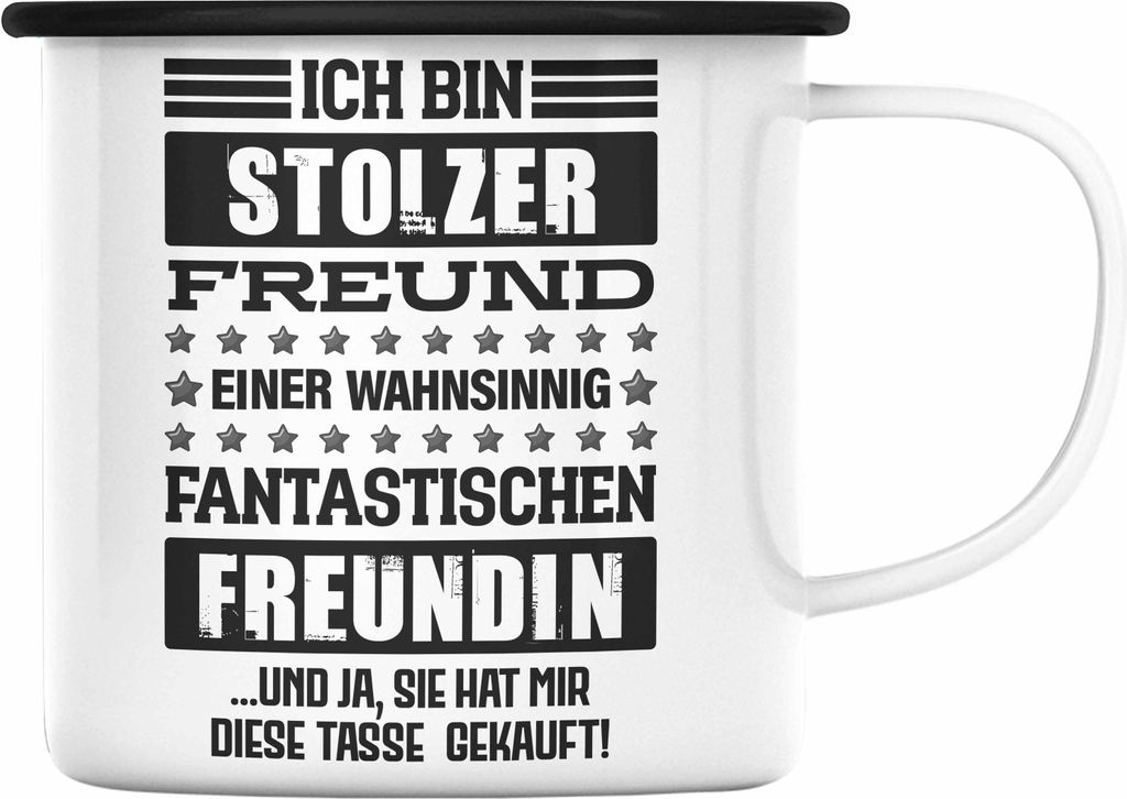 Trendation - Geschenk für Freund von Freundin Emaille Tasse Lustig Geburtstag Weihnachten Lustig Stolzer Freund (Schwarz)