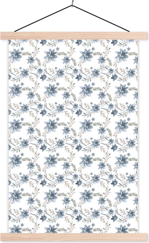 MuchoWow Textilposter Vintage - Blumengirlande - Blau 120x180 cm mit holzfarbenen Rahmen - Textil-Plakat