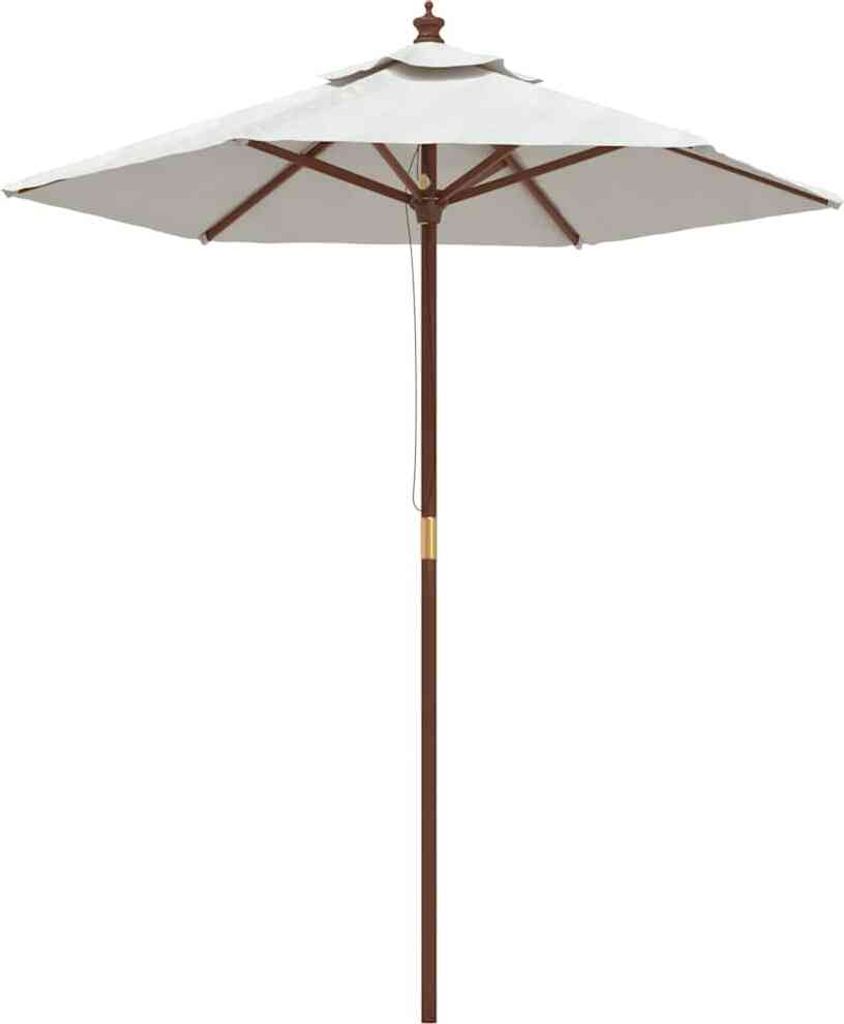 A square patio umbrella with a wooden pole and sand-colored fabric.