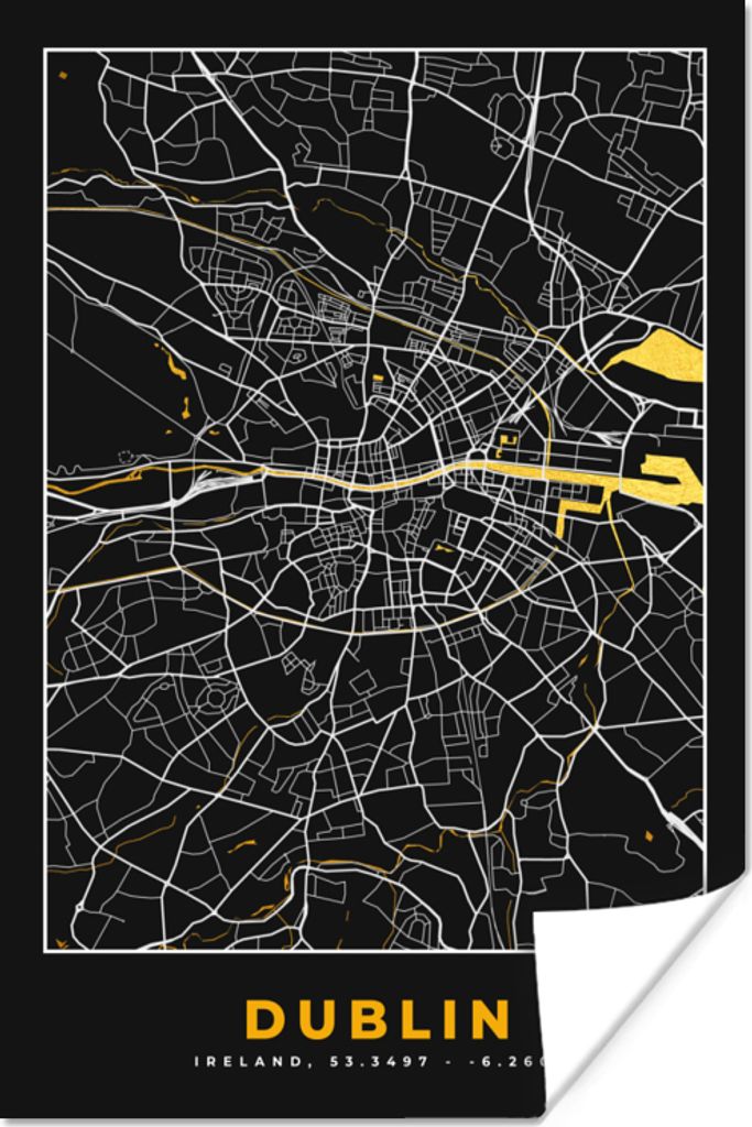 MuchoWow Poster Dublin - Gold - Karte - Stadtplan 80x120 cm - Papierdruck