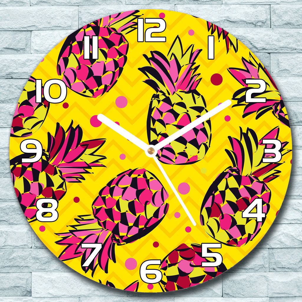 Wanduhr aus Glas Rund fi 30 Rosa-gelbe Ananas Quarz Deko Wohnzimmer Büro