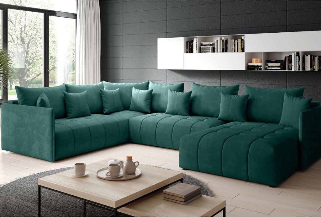 GrainGold Ecksofa U-Form Ardi Bis - Ecksofa mit Schlaffunktion, Bettkasten - Wohnlandschaft, Wohnzimmer Sofa - Eckcouch Grün (Monolith 37)